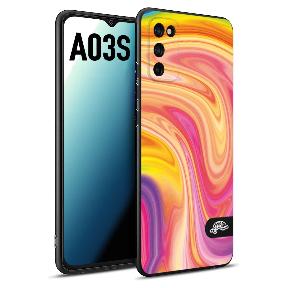 CUSTOMIZZA - Custodia cover nera morbida in tpu compatibile per Samsung A03S colorata fantasia vortice marmo onde rosa fucsia gialla