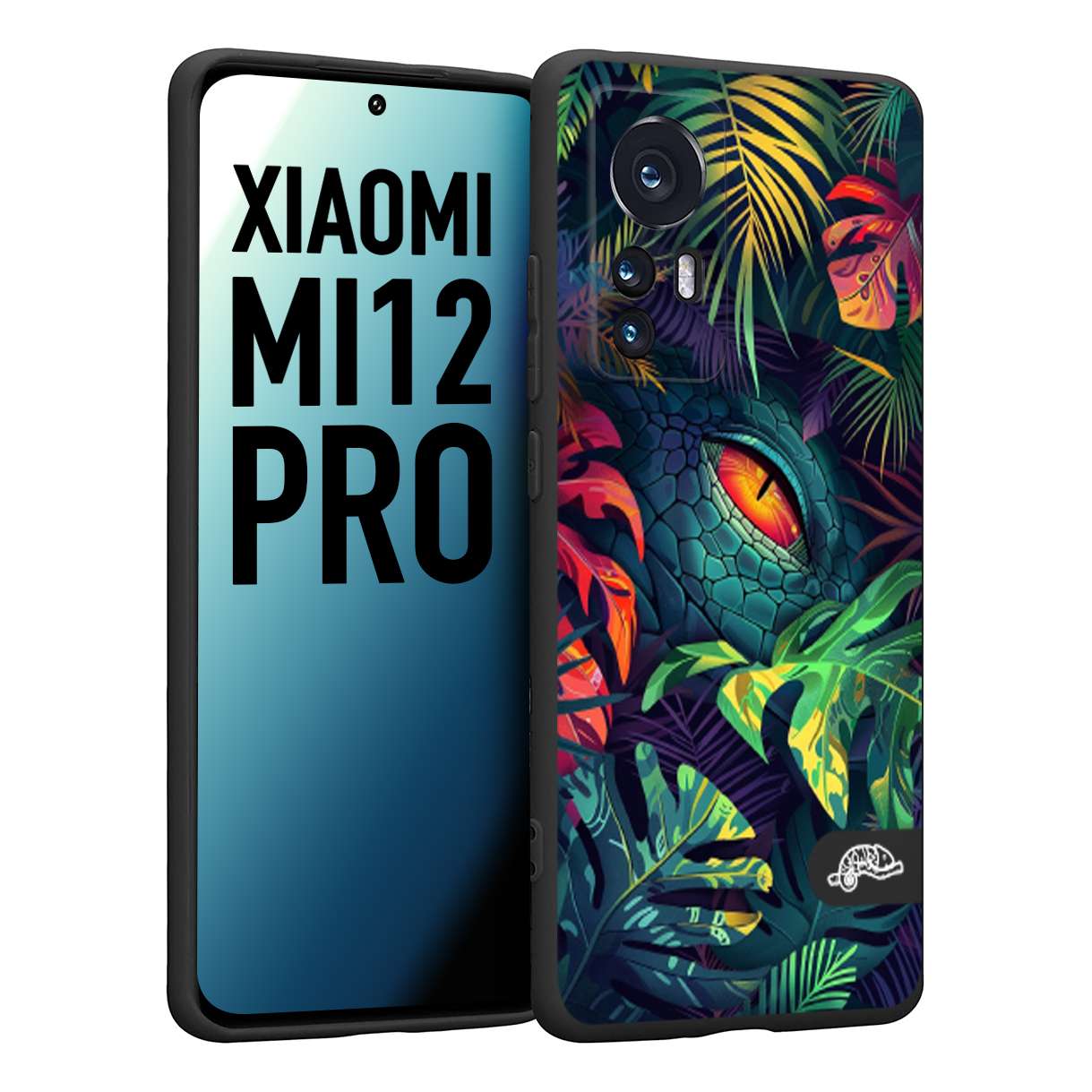 CUSTOMIZZA - Custodia cover nera morbida in tpu compatibile per Xiaomi 12 PRO animali color giungla tropicale occhio di coccodrillo alligatore disegnato
