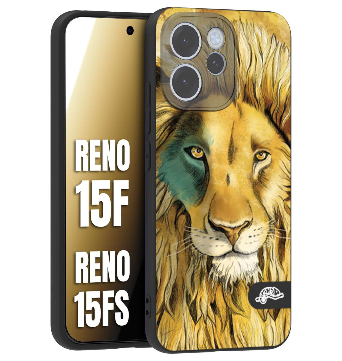 CUSTOMIZZA - Custodia cover nera morbida in tpu compatibile per Oppo Reno 15 F - Reno 15 FS leone lion disegnato a mano giallo blu a rilievo artistico brown