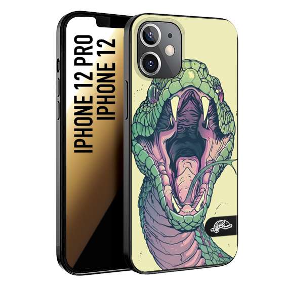 CUSTOMIZZA - Custodia cover nera morbida in tpu compatibile per iPhone 12 - 12 PRO snake yellow green serpente tatuaggio tattoo disegnato a mano