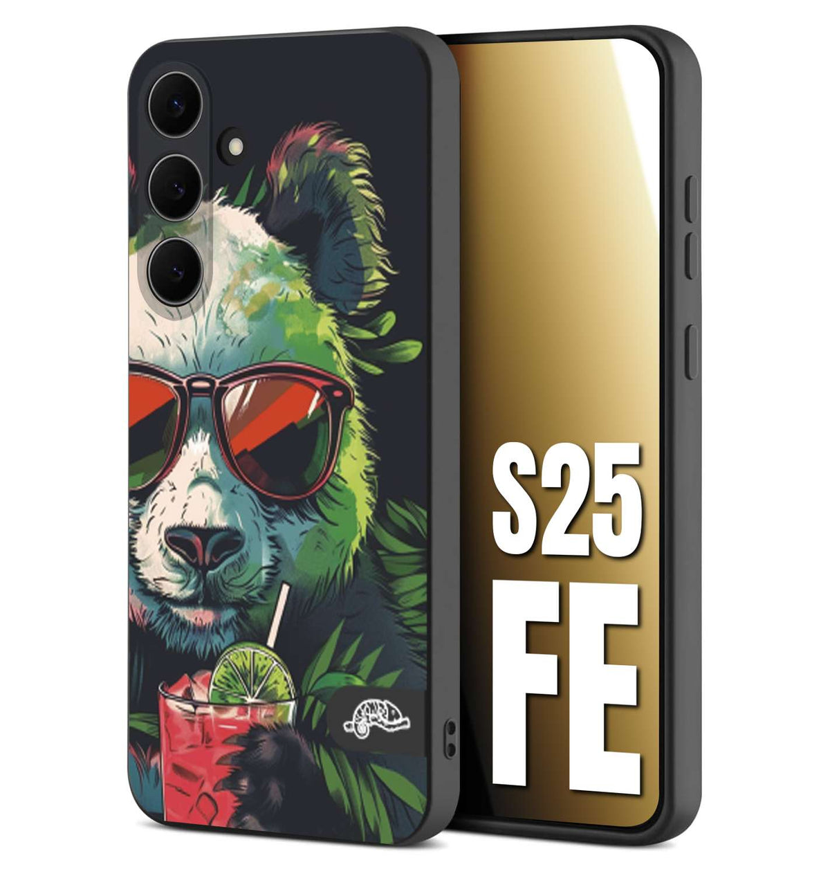 CUSTOMIZZA - Custodia cover nera morbida in tpu compatibile per Samsung S25 FE estate disegnata cocktails animali simpatici panda mojito