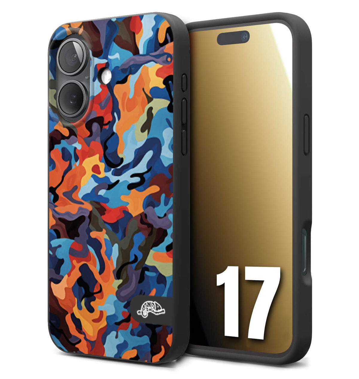 CUSTOMIZZA - Custodia cover nera morbida in tpu compatibile per iPhone 17 camouflage mimetico militare moderno blu arancio rosso