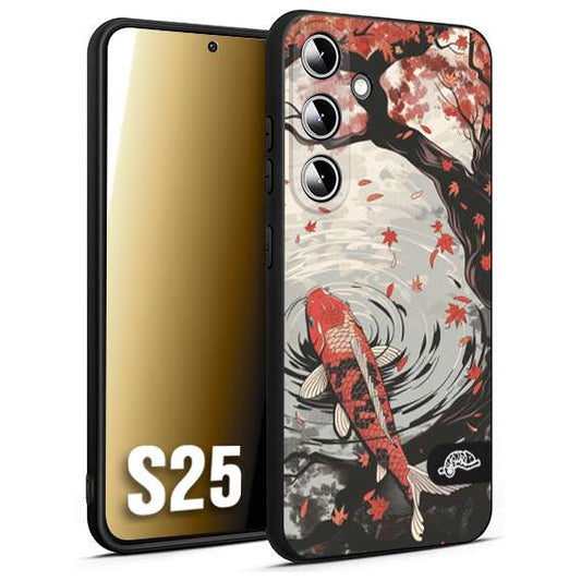 CUSTOMIZZA - Custodia cover nera morbida in tpu compatibile per Samsung S25 giapponese lago carpa koi rossa con foglie d'acero rosso disegnata tattoo