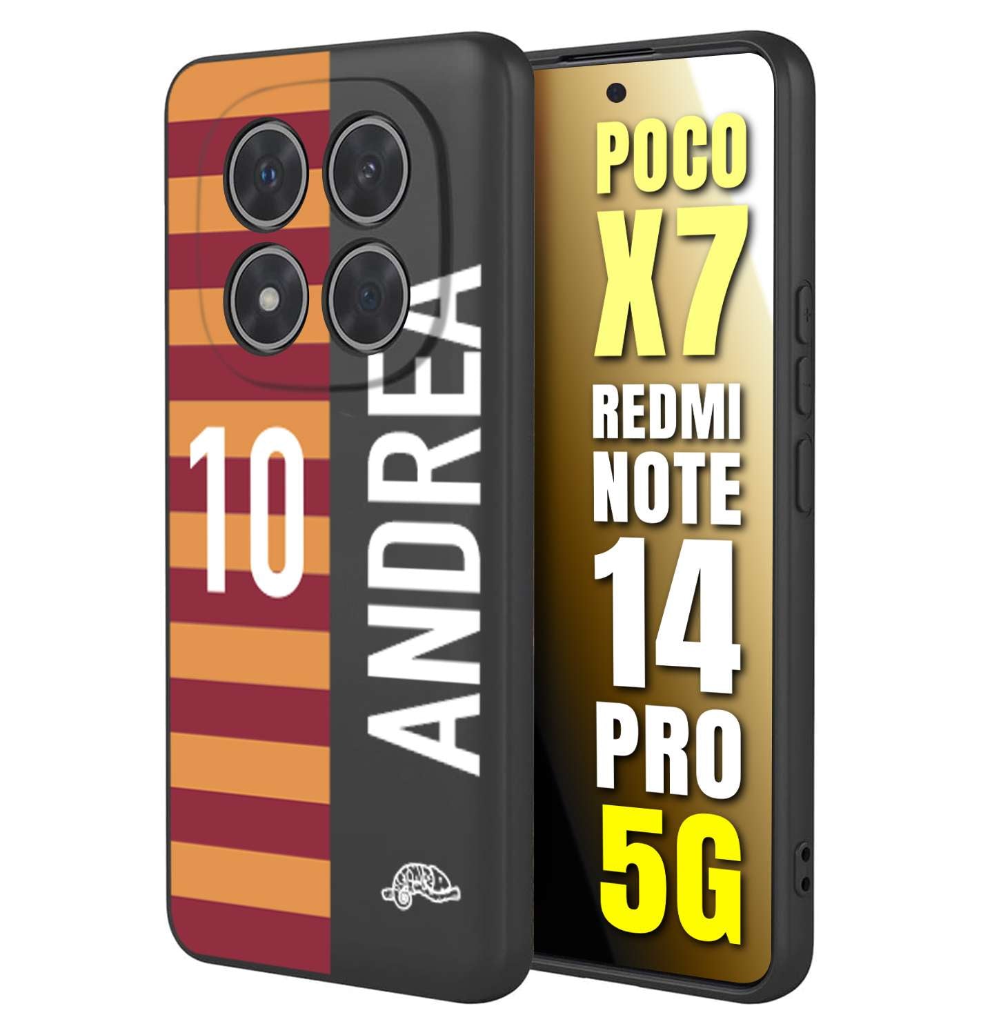 CUSTOMIZZA - Custodia cover nera morbida in tpu compatibile per Xiaomi Redmi Note 14 PRO 5G personalizzata calcio football nome e numero calciatori giallo rossi