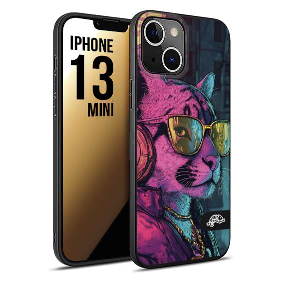 CUSTOMIZZA - Custodia cover nera morbida in tpu compatibile per iPhone 13 MINI animali cyberpunk pantera street cat fucsia blu giallo