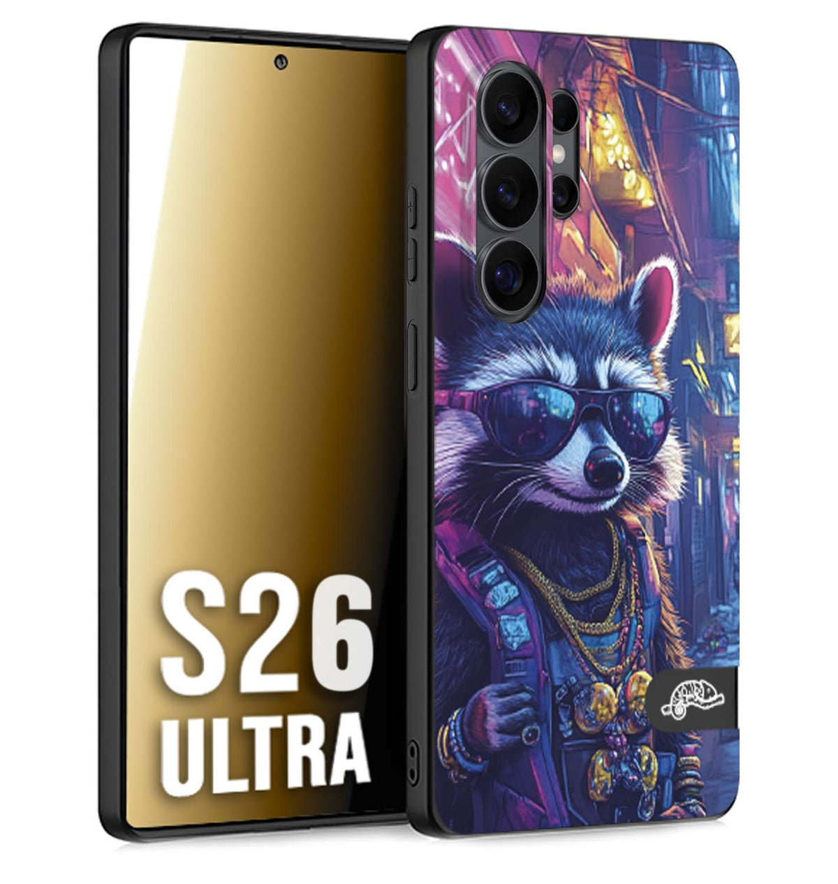 CUSTOMIZZA - Custodia cover nera morbida in tpu compatibile per Samsung S26 ULTRA animali simpatici cyberpunk procione racoon street cat fucsia blu giallo