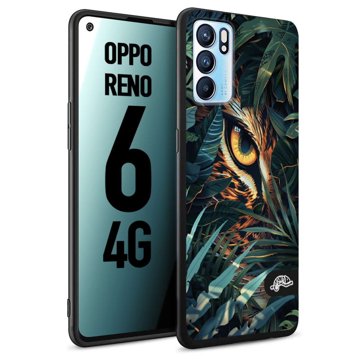 CUSTOMIZZA - Custodia cover nera morbida in tpu compatibile per Oppo Reno 6 4G animali color giungla tropicale occhio di giaguaro felino disegnato