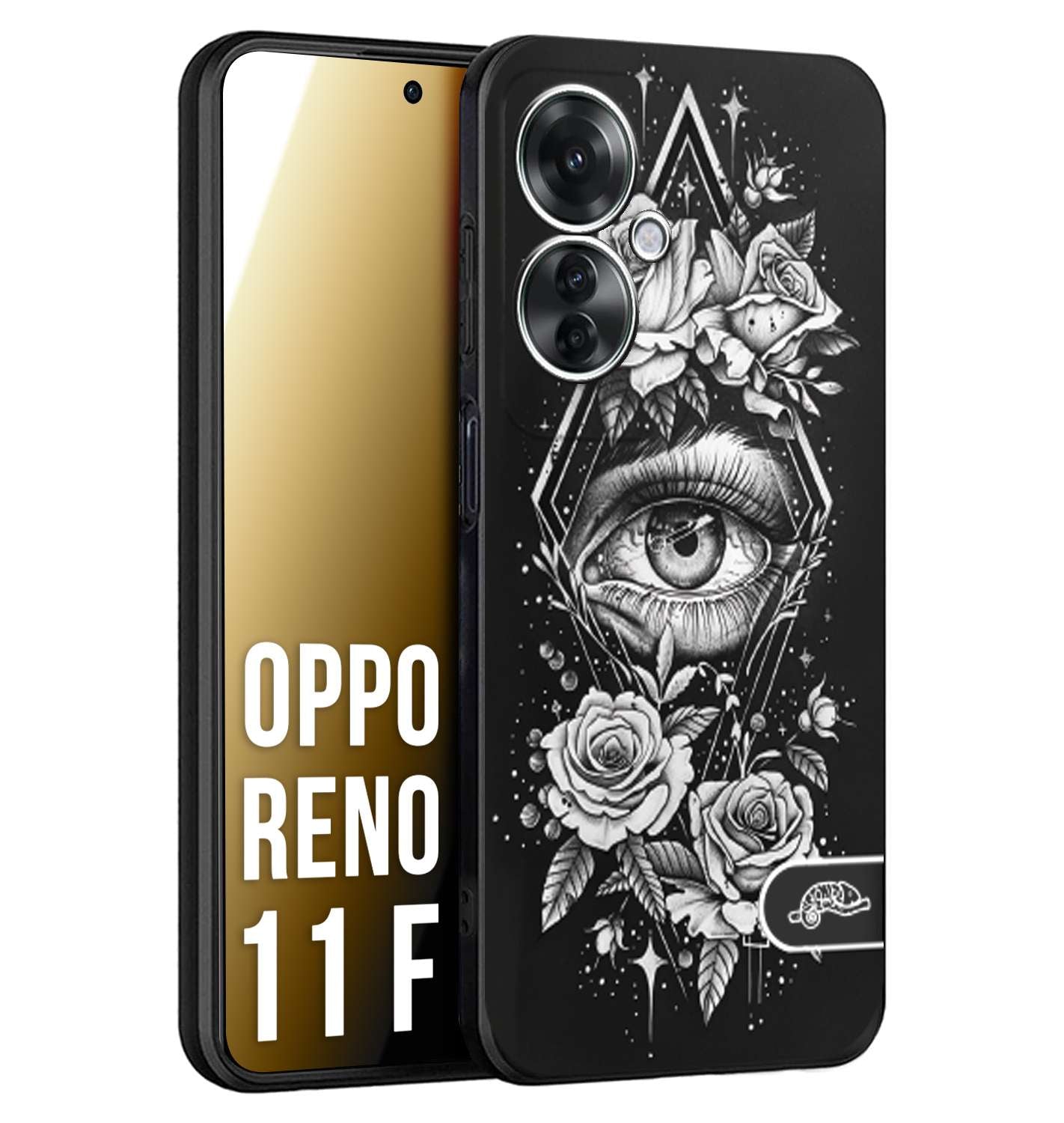 CUSTOMIZZA - Custodia cover nera morbida in tpu compatibile per Oppo Reno 11 F 5G occhio fiori rombo geometrico black and white bianco a rilievo disegnato tattoo tatuaggio