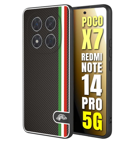 CUSTOMIZZA - Custodia cover nera morbida in tpu compatibile per Xiaomi Redmi Note 14 PRO 5G effetto fibra di carbonio bandiera Italia made in Italy