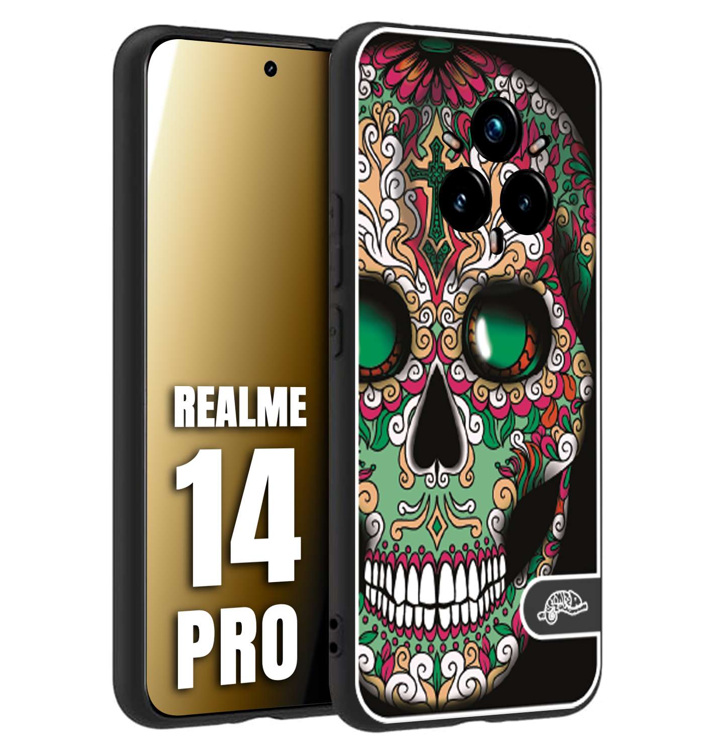 CUSTOMIZZA - Custodia cover nera morbida in tpu compatibile per Realme 14 PRO teschio messicano Mexican skull verde fucsia