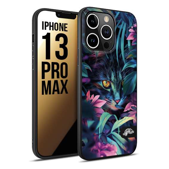 CUSTOMIZZA - Custodia cover nera morbida in tpu compatibile per iPhone 13 PRO MAX animali color giungla tropicale occhio di gatto colori vibranti disegnato