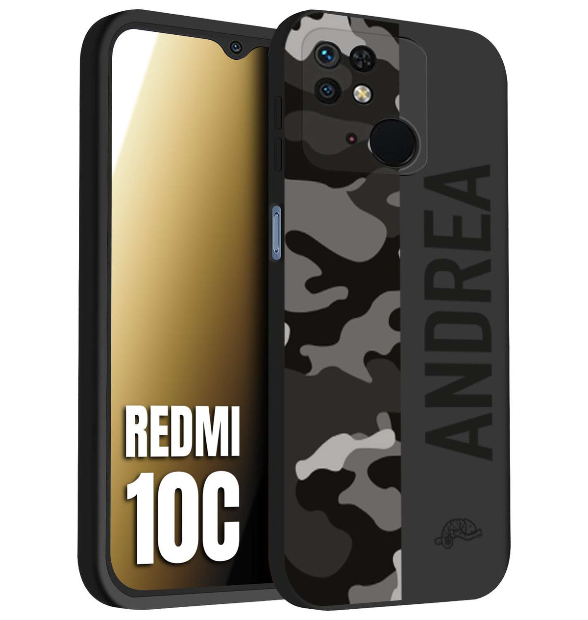 CUSTOMIZZA - Custodia cover nera morbida in tpu compatibile per Xiaomi Redmi 10C camouflage mimetico militare personalizzata nome