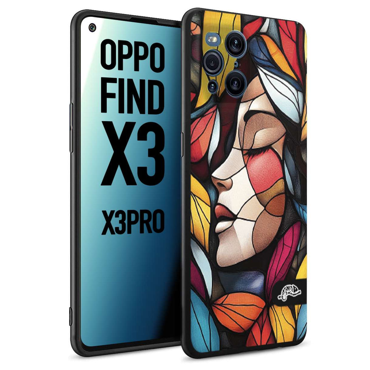 CUSTOMIZZA - Custodia cover nera morbida in tpu compatibile per Oppo Find X3 - Find X3 Pro 5G Vetrata artistica volto di donna profilo fogliare mosaico di vetro colorato