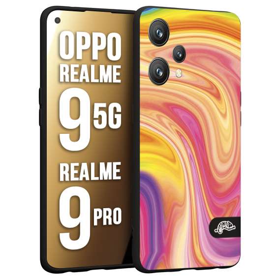 CUSTOMIZZA - Custodia cover nera morbida in tpu compatibile per Realme 9 5G - 9 PRO colorata fantasia vortice marmo onde rosa fucsia gialla