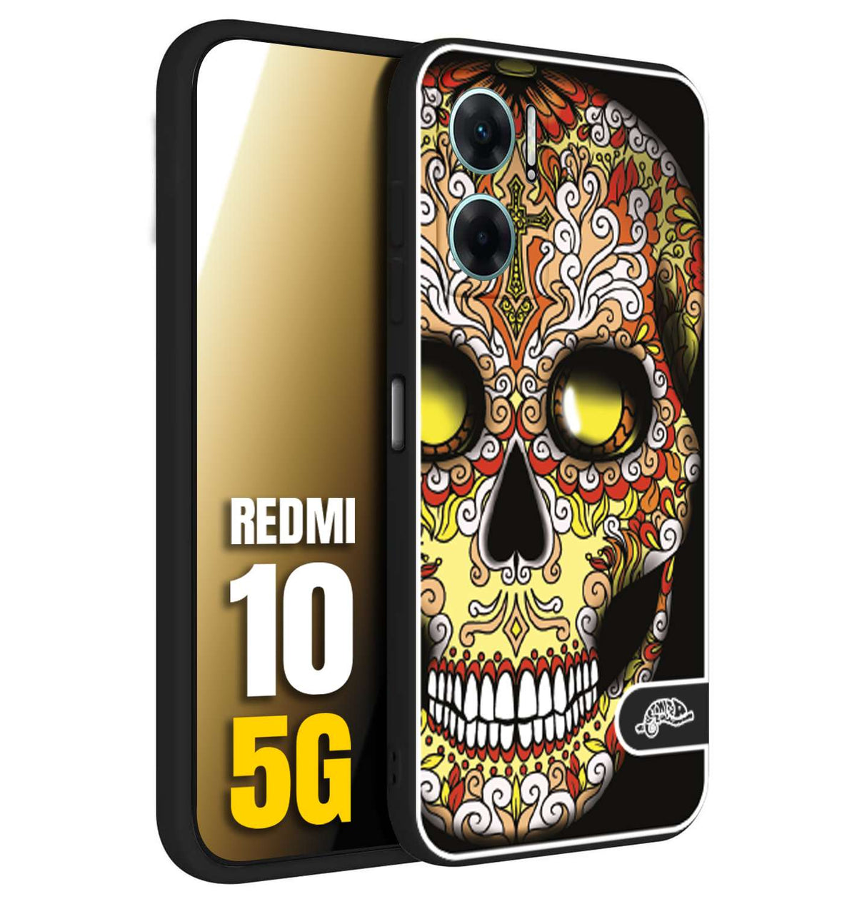 CUSTOMIZZA - Custodia cover nera morbida in tpu compatibile per Xiaomi Redmi 10 5G teschio messicano Mexican skull giallo rosso arancio