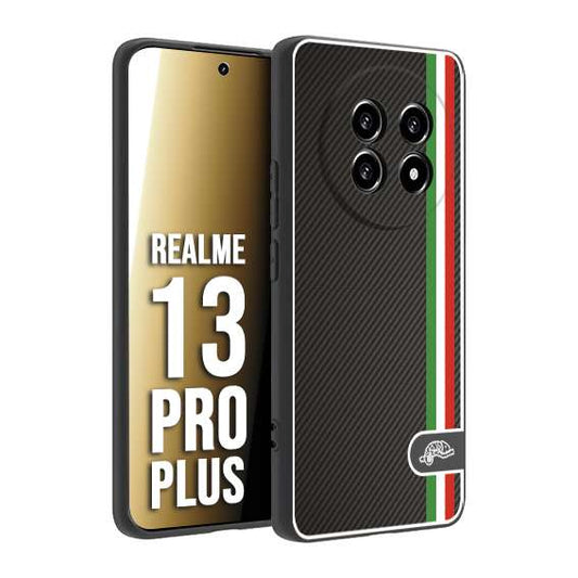 CUSTOMIZZA - Custodia cover nera morbida in tpu compatibile per Realme 13 PRO PLUS effetto fibra di carbonio bandiera Italia made in Italy