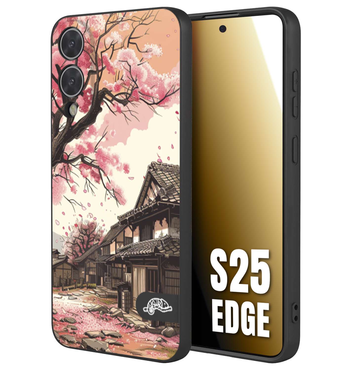 CUSTOMIZZA - Custodia cover nera morbida in tpu compatibile per Samsung S25 EDGE casa giapponese rosa ciliegio in fiore disegnata tattoo
