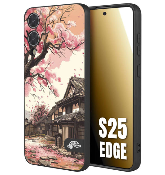 CUSTOMIZZA - Custodia cover nera morbida in tpu compatibile per Samsung S25 EDGE casa giapponese rosa ciliegio in fiore disegnata tattoo