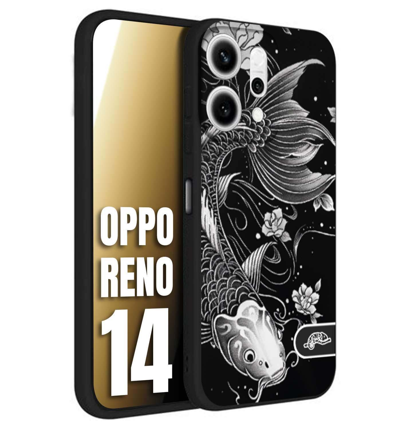 CUSTOMIZZA - Custodia cover nera morbida in tpu compatibile per Oppo Reno 14 carpa koi black and white bianco a rilievo disegnato tattoo tatuaggio