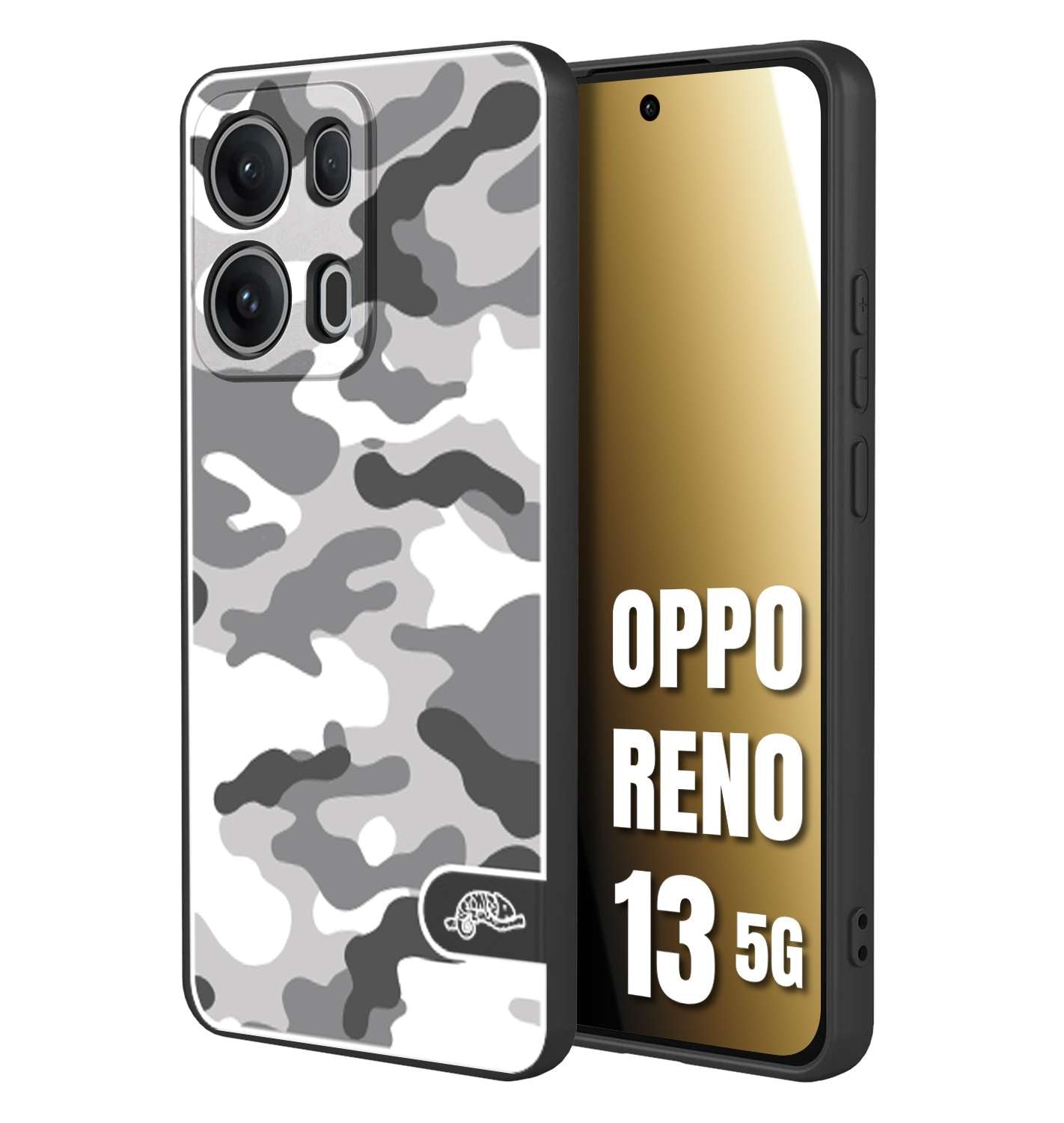CUSTOMIZZA - Custodia cover nera morbida in tpu compatibile per Oppo Reno 13 5G camouflage mimetico militare bianco white