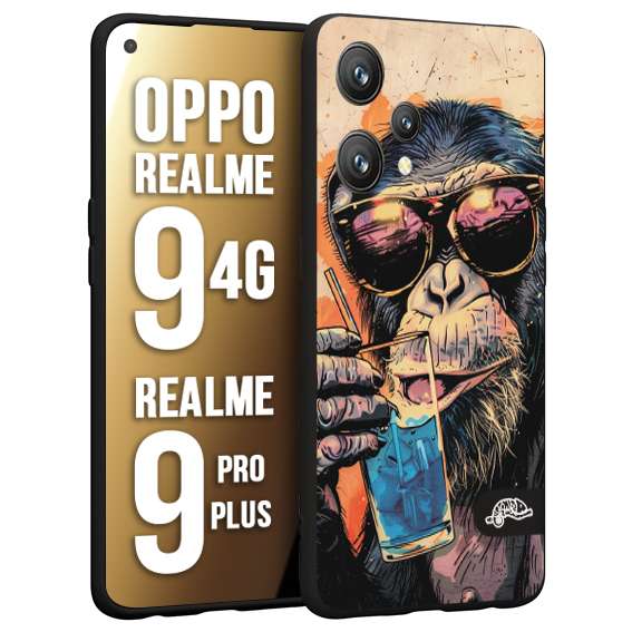 CUSTOMIZZA - Custodia cover nera morbida in tpu compatibile per Oppo Realme 9 4G - 9 PRO PLUS estate disegnata cocktails animali simpatici scimmia monkey negroni
