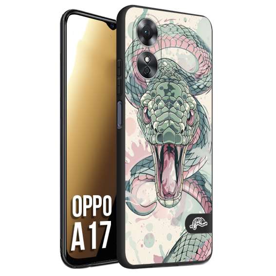 CUSTOMIZZA - Custodia cover nera morbida in tpu compatibile per Oppo A17 snake pink green serpente tatuaggio tattoo disegnato a mano