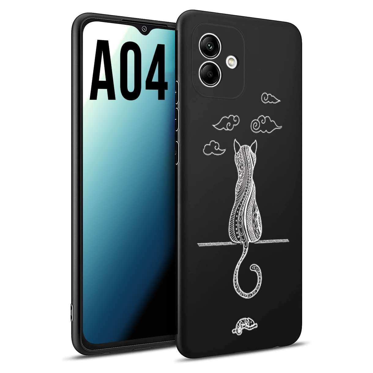 CUSTOMIZZA - Custodia cover nera morbida in tpu compatibile per Samsung A04 gatto mandala stilizzato gattino a rilievo soft touch donna bianca