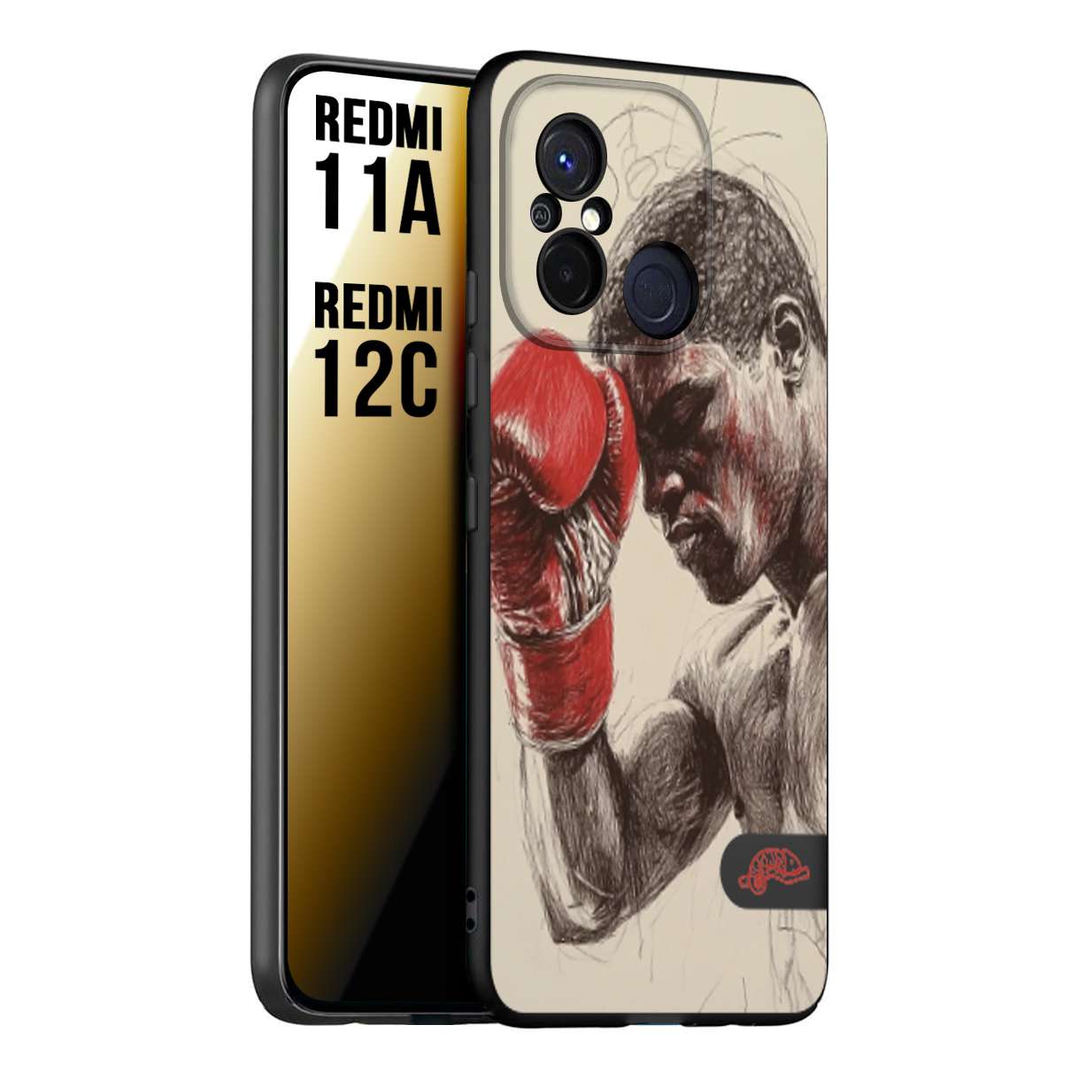 CUSTOMIZZA - Custodia cover nera morbida in tpu compatibile per Xiaomi Redmi 11A - 12C pugilato pugili disegno tattoo guantoni boxer pesi massimi