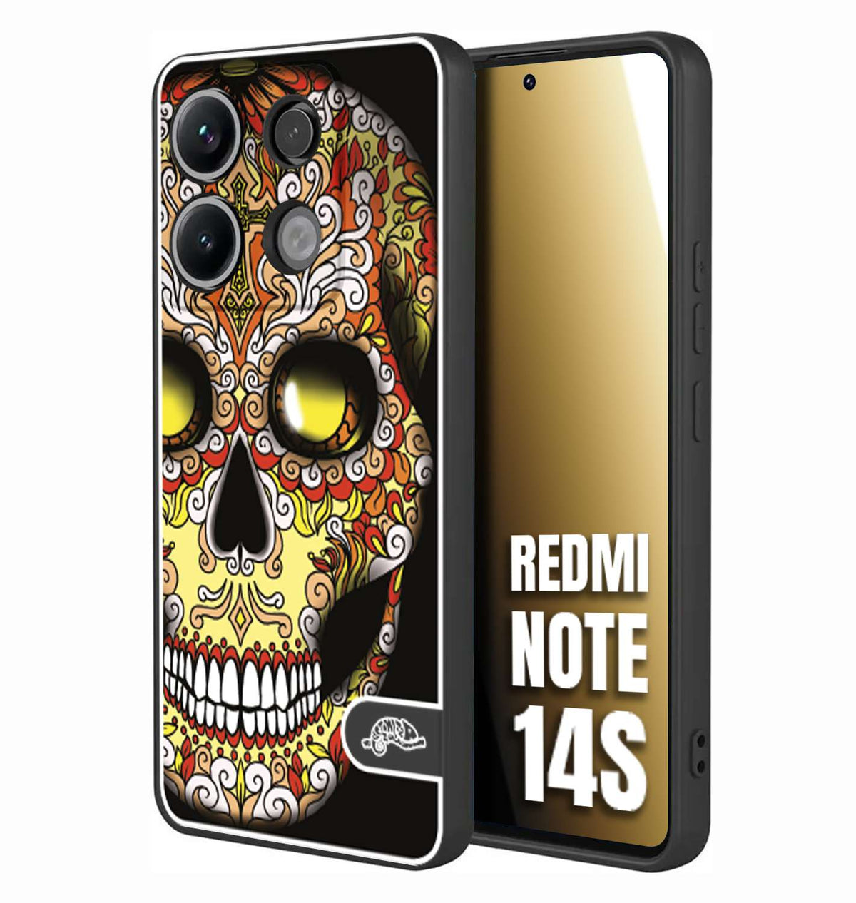 CUSTOMIZZA - Custodia cover nera morbida in tpu compatibile per Xiaomi Redmi Note 14S teschio messicano Mexican skull giallo rosso arancio