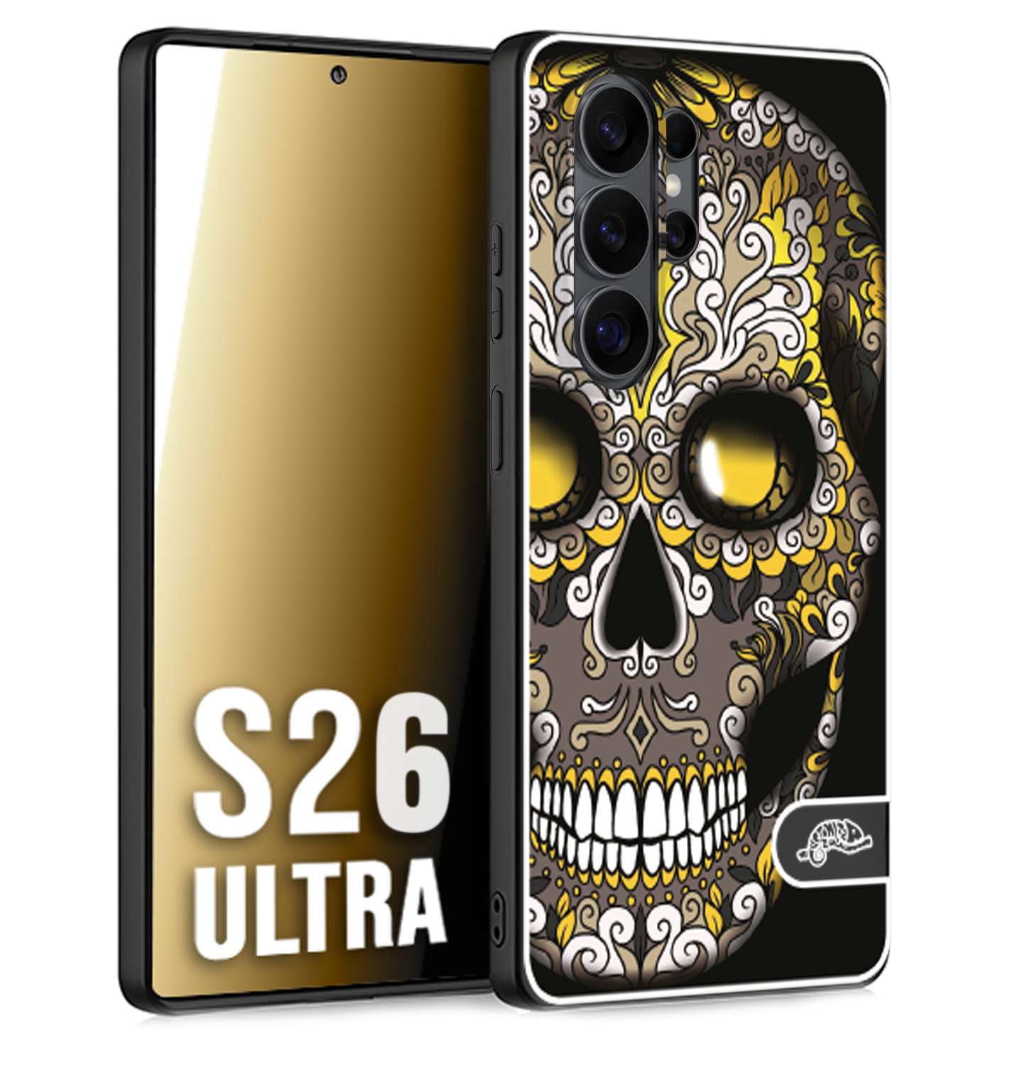 CUSTOMIZZA - Custodia cover nera morbida in tpu compatibile per Samsung S26 ULTRA teschio messicano Mexican skull nero giallo