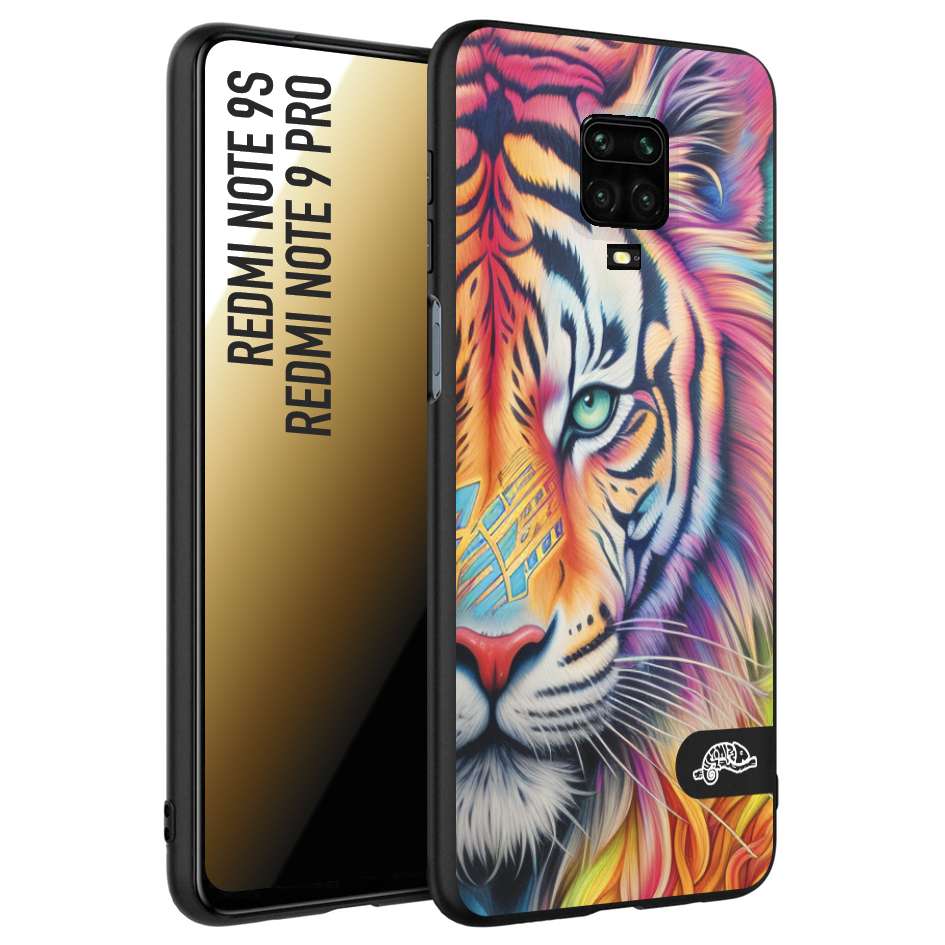 CUSTOMIZZA - Custodia cover nera morbida in tpu compatibile per Xiaomi Redmi Note 9S - Note 9 PRO animali color tigre tiger viso colori vibranti disegnato schizzo