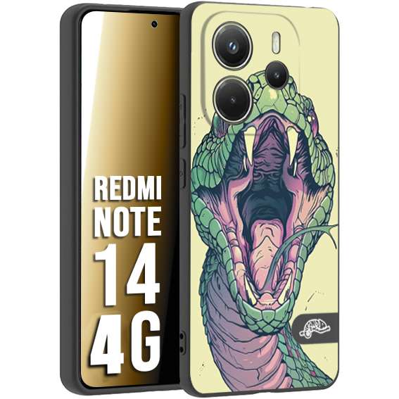 CUSTOMIZZA - Custodia cover nera morbida in tpu compatibile per Xiaomi Redmi Note 14 4G snake yellow green serpente tatuaggio tattoo disegnato a mano