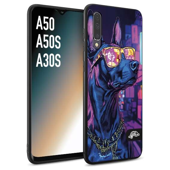 CUSTOMIZZA - Custodia cover nera morbida in tpu compatibile per Samsung A50 - A50S - A30S animali cyberpunk dobermann cane street dog fucsia blu night
