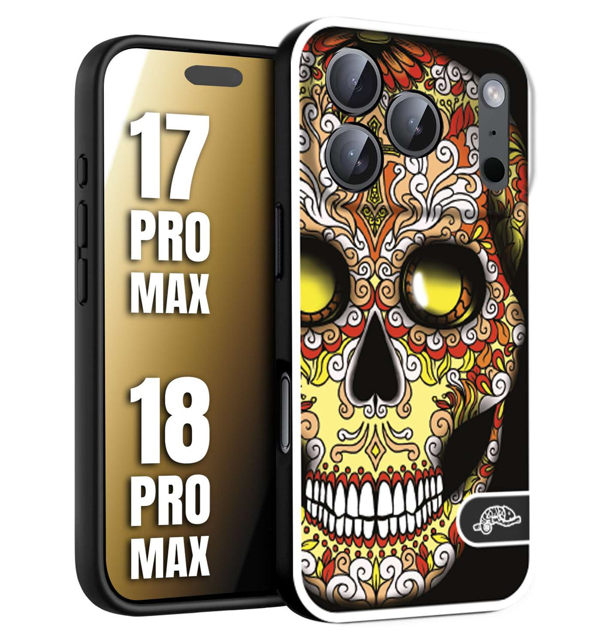 CUSTOMIZZA - Custodia cover nera morbida in tpu compatibile per iPhone 17 PRO MAX - 18 PRO MAX teschio messicano Mexican skull giallo rosso arancio