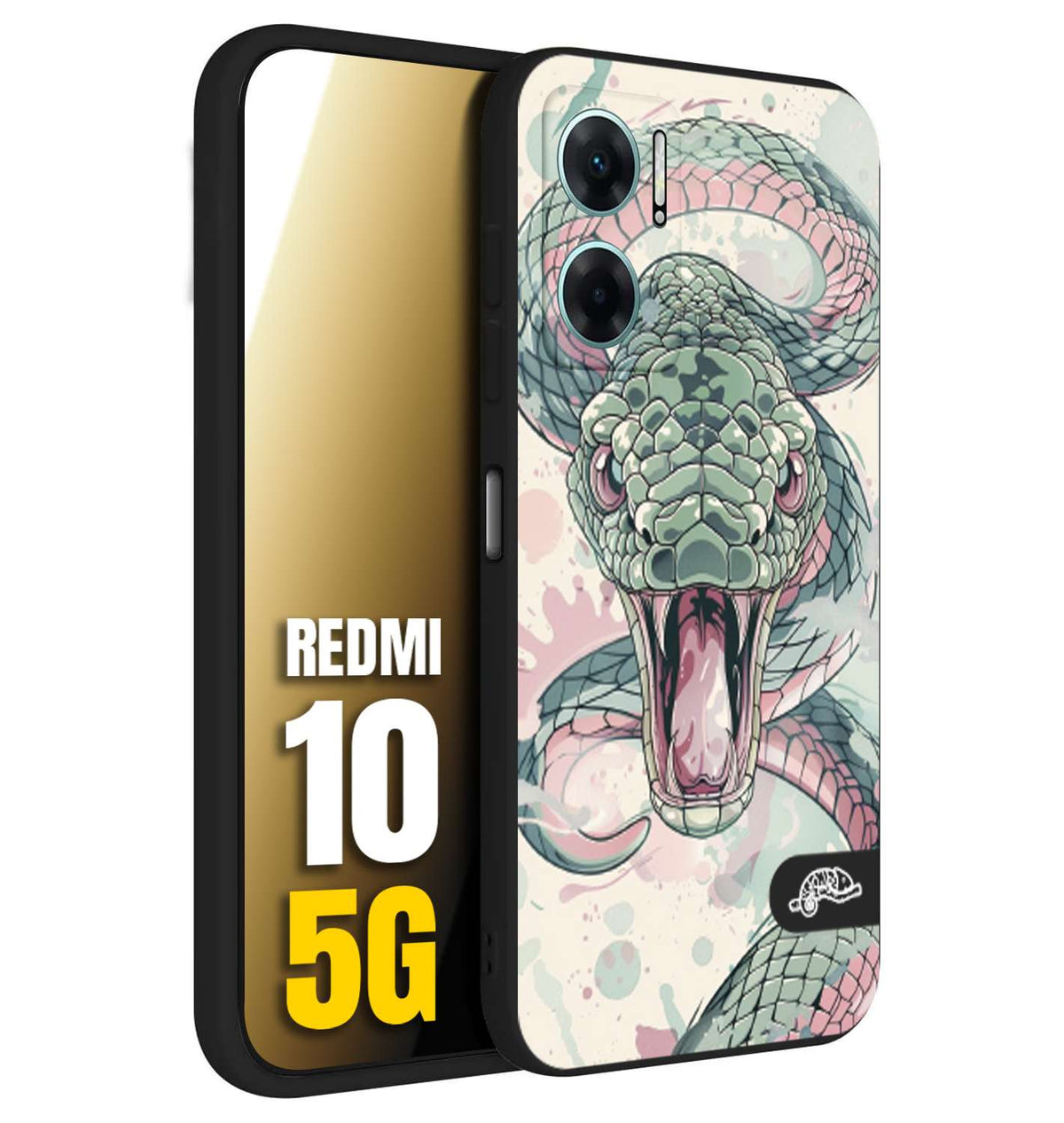 CUSTOMIZZA - Custodia cover nera morbida in tpu compatibile per Xiaomi Redmi 10 5G snake pink green serpente tatuaggio tattoo disegnato a mano