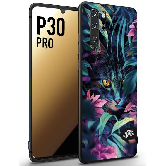 CUSTOMIZZA - Custodia cover nera morbida in tpu compatibile per Huawei P30 PRO animali color giungla tropicale occhio di gatto colori vibranti disegnato