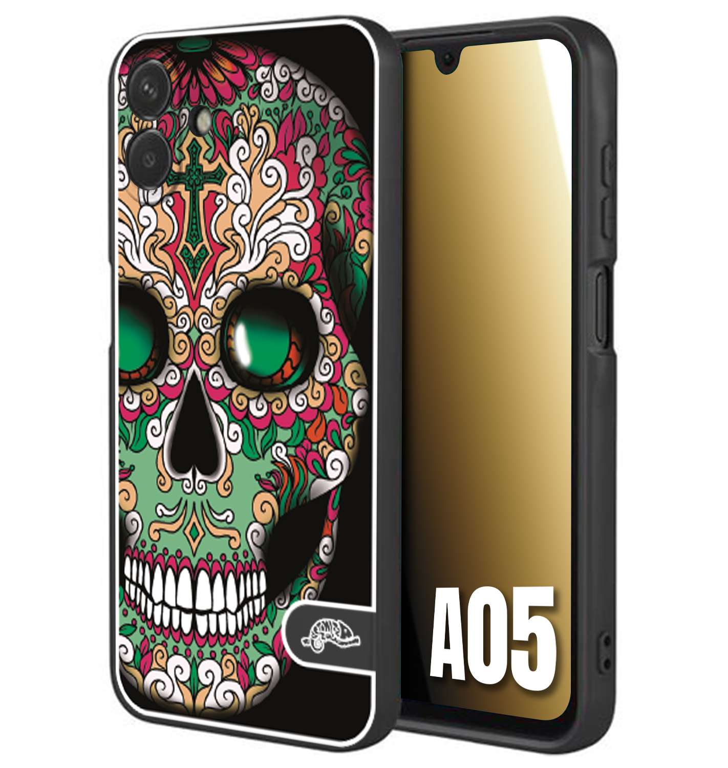 CUSTOMIZZA - Custodia cover nera morbida in tpu compatibile per Samsung A05 teschio messicano Mexican skull verde fucsia