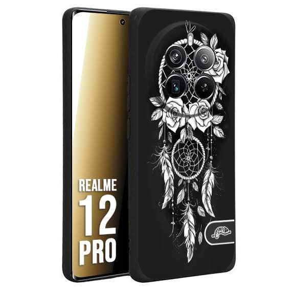 CUSTOMIZZA - Custodia cover nera morbida in tpu compatibile per Realme 12 PRO acchiappasogni dreamcatcher black and white bianco a rilievo disegnato tattoo tatuaggio