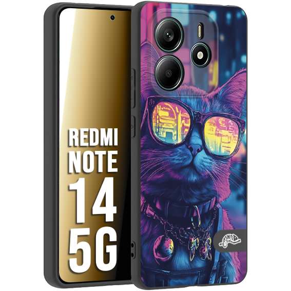 CUSTOMIZZA - Custodia cover nera morbida in tpu compatibile per Xiaomi Redmi Note 14 5G animali cyberpunk gatto street cat fucsia blu giallo