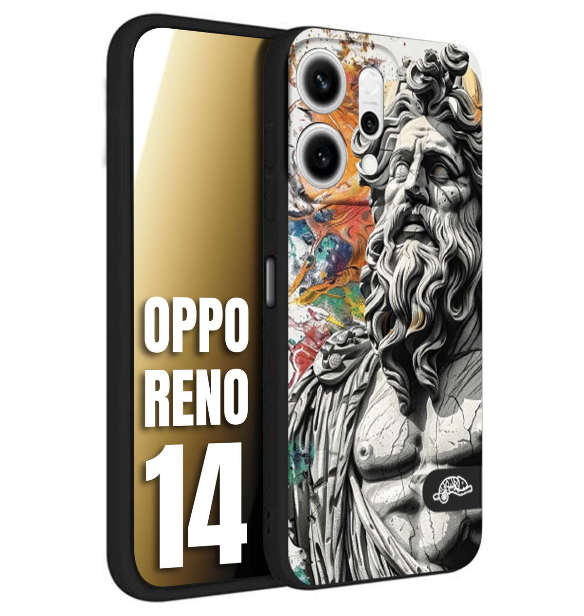 CUSTOMIZZA - Custodia cover nera morbida in tpu compatibile per Oppo Reno 14 statua colorata moderna antico tattoo splash color