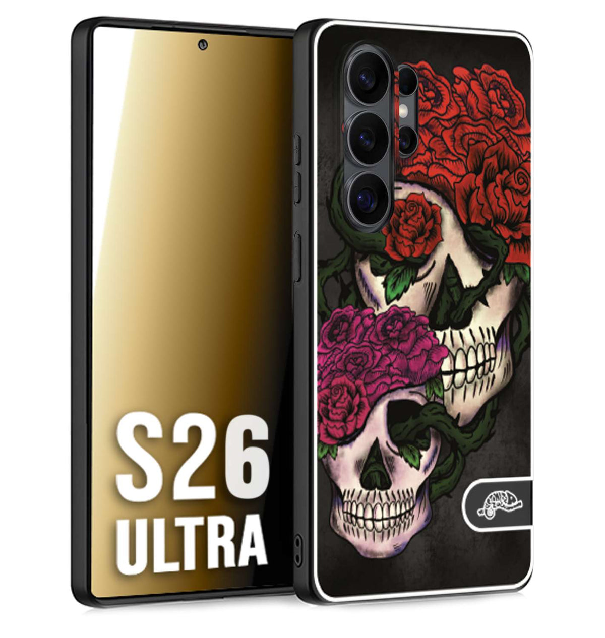 CUSTOMIZZA - Custodia cover nera morbida in tpu compatibile per Samsung S26 ULTRA teschi e rose rosse fucsia skull and roses