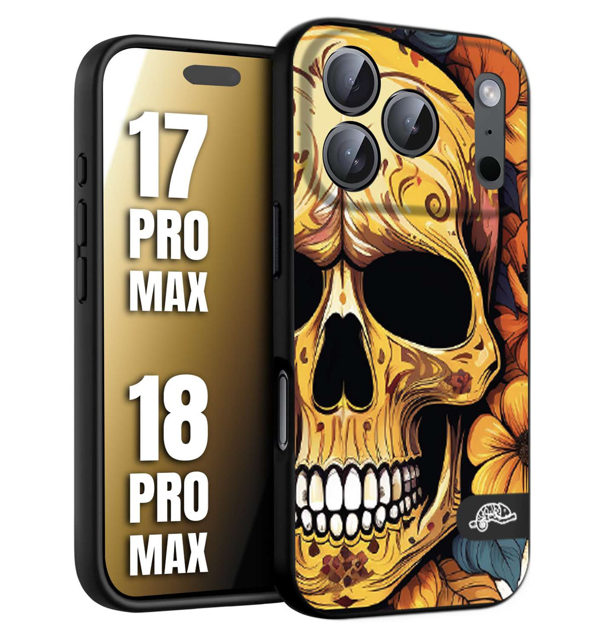 CUSTOMIZZA - Custodia cover nera morbida in tpu compatibile per iPhone 17 PRO MAX - 18 PRO MAX teschio messicano colorato dorato fiori autunnali disegnato