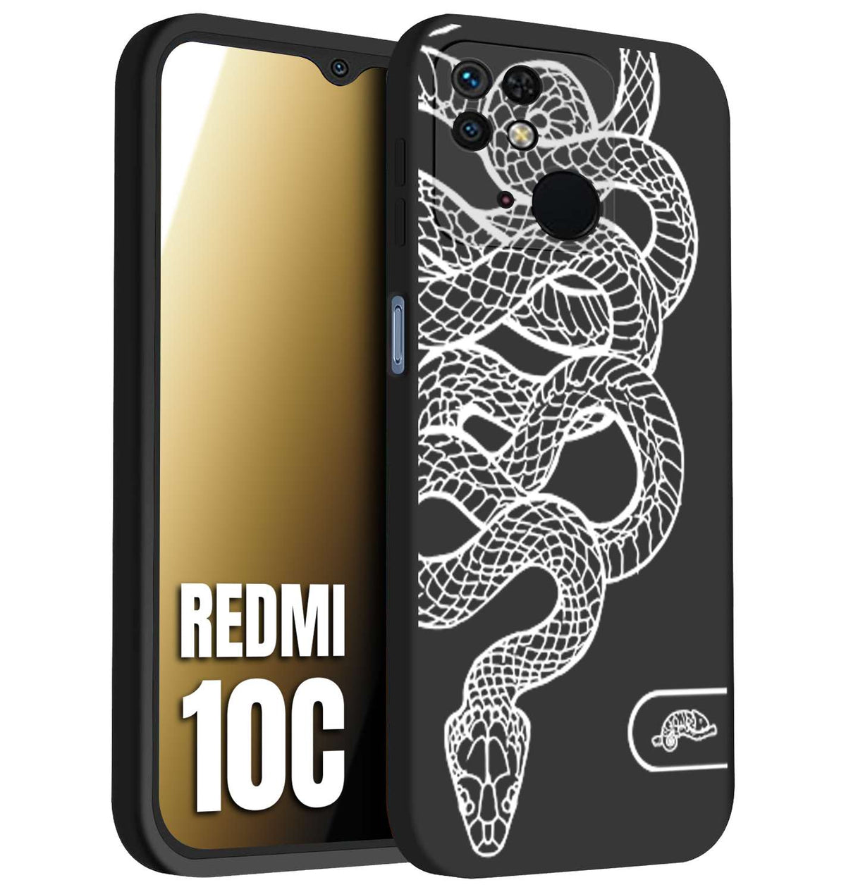 CUSTOMIZZA - Custodia cover nera morbida in tpu compatibile per Xiaomi Redmi 10C serpente snake bianco a rilievo disegnato tattoo tatuaggio