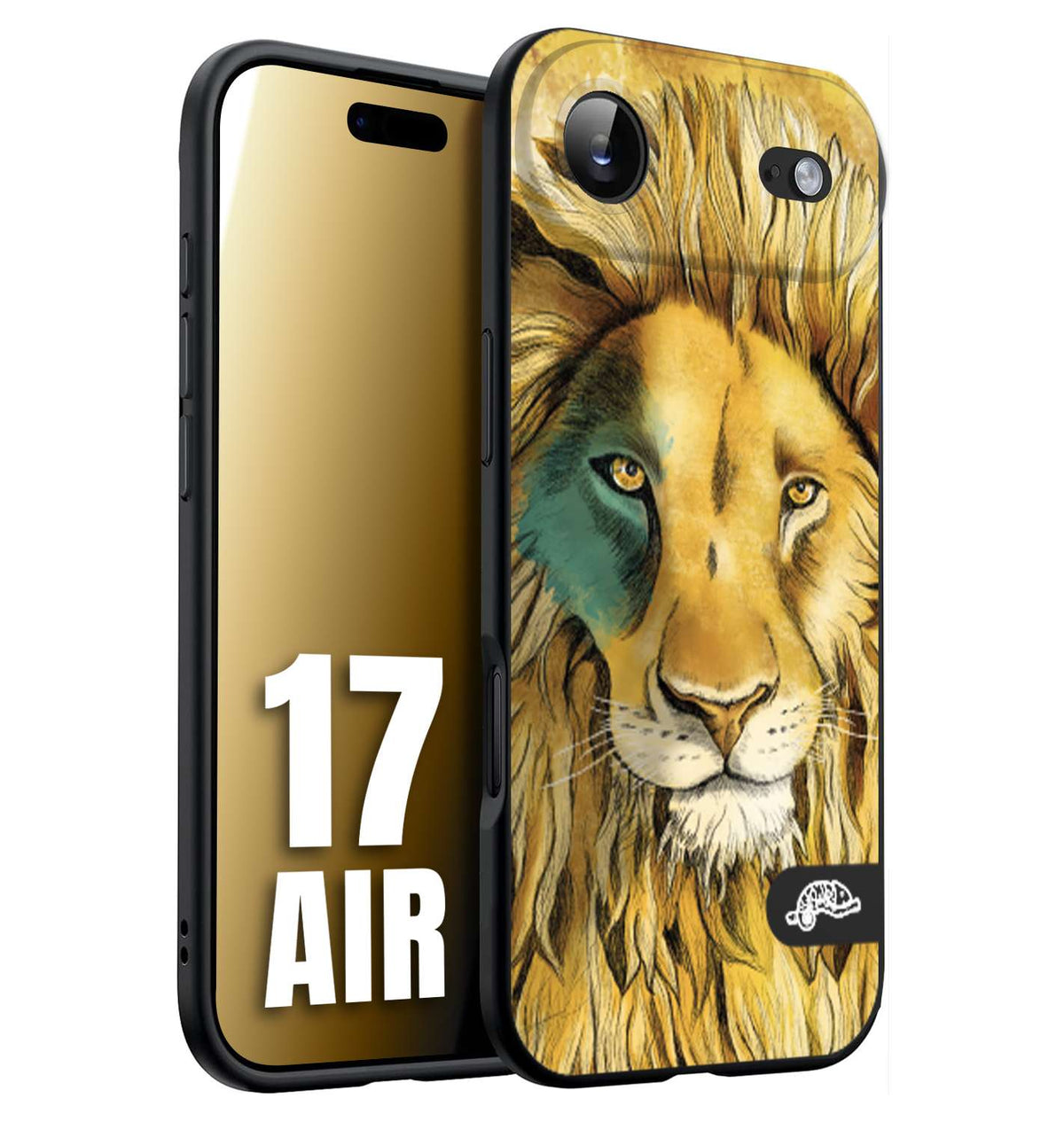CUSTOMIZZA - Custodia cover nera morbida in tpu compatibile per iPhone 17 AIR leone lion disegnato a mano giallo blu a rilievo artistico brown