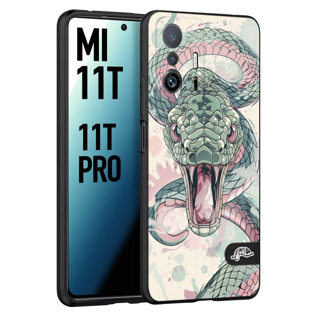 CUSTOMIZZA - Custodia cover nera morbida in tpu compatibile per Xiaomi Mi 11T - Mi 11T PRO snake pink green serpente tatuaggio tattoo disegnato a mano