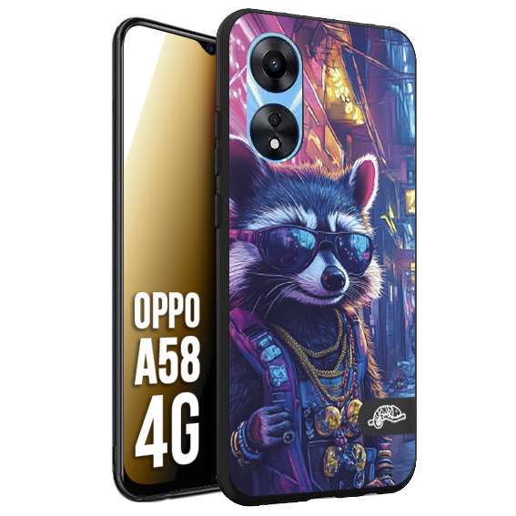 CUSTOMIZZA - Custodia cover nera morbida in tpu compatibile per Oppo A58 4G animali simpatici cyberpunk procione racoon street cat fucsia blu giallo