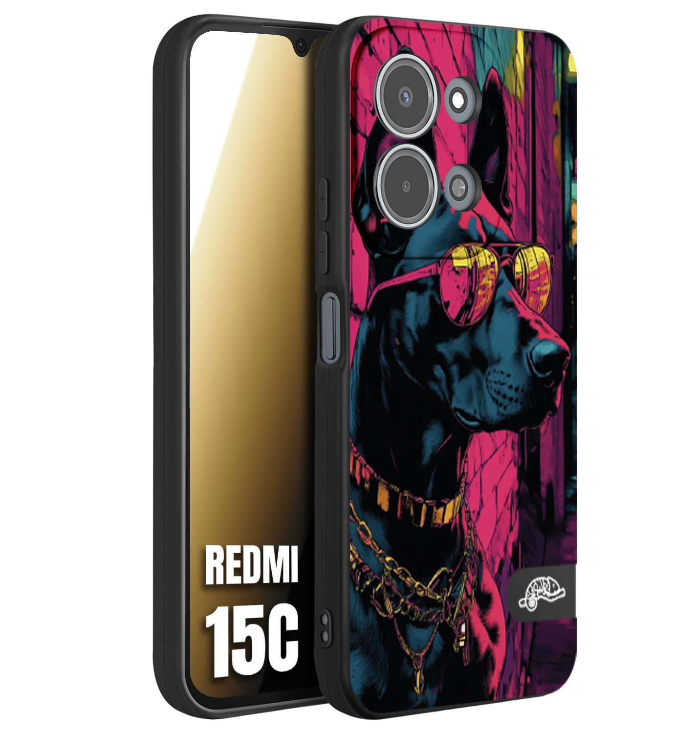 CUSTOMIZZA - Custodia cover nera morbida in tpu compatibile per Xiaomi Redmi 15C animali cyberpunk dobermann cane street dog fucsia blu