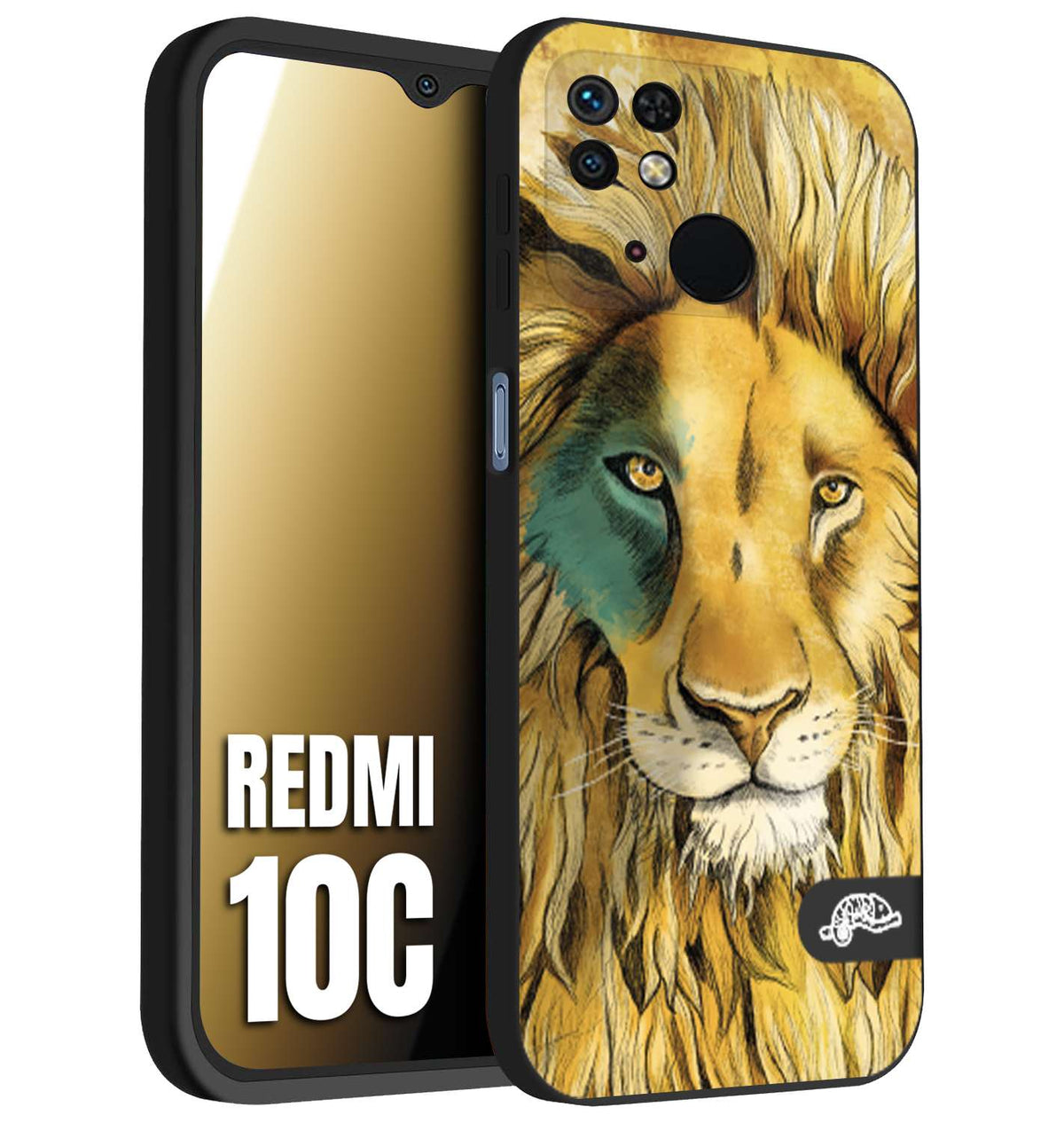 CUSTOMIZZA - Custodia cover nera morbida in tpu compatibile per Xiaomi Redmi 10C leone lion disegnato a mano giallo blu a rilievo artistico brown