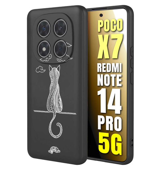 CUSTOMIZZA - Custodia cover nera morbida in tpu compatibile per Xiaomi Redmi Note 14 PRO 5G gatto mandala stilizzato gattino a rilievo soft touch donna bianca