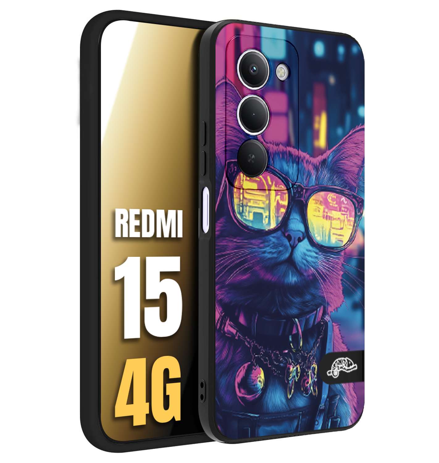 CUSTOMIZZA - Custodia cover nera morbida in tpu compatibile per Xiaomi Redmi 15 4G animali cyberpunk gatto street cat fucsia blu giallo